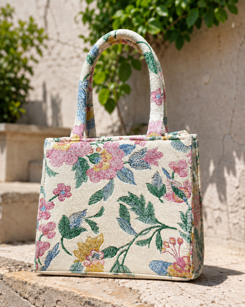 Ivory jacquard cotton mini tote bag with pink, blue and yellow floral weave and padded top handle, photographed on stone in sunlight