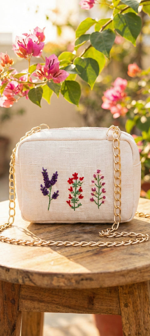Floral Embroidered Sling Bag with Golden Chain