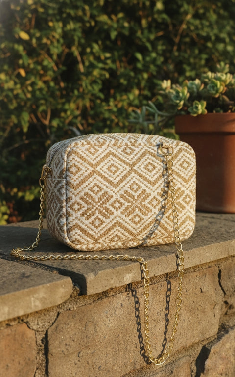 Geometric Pattern Beaded Sling Bag with Golden Chain