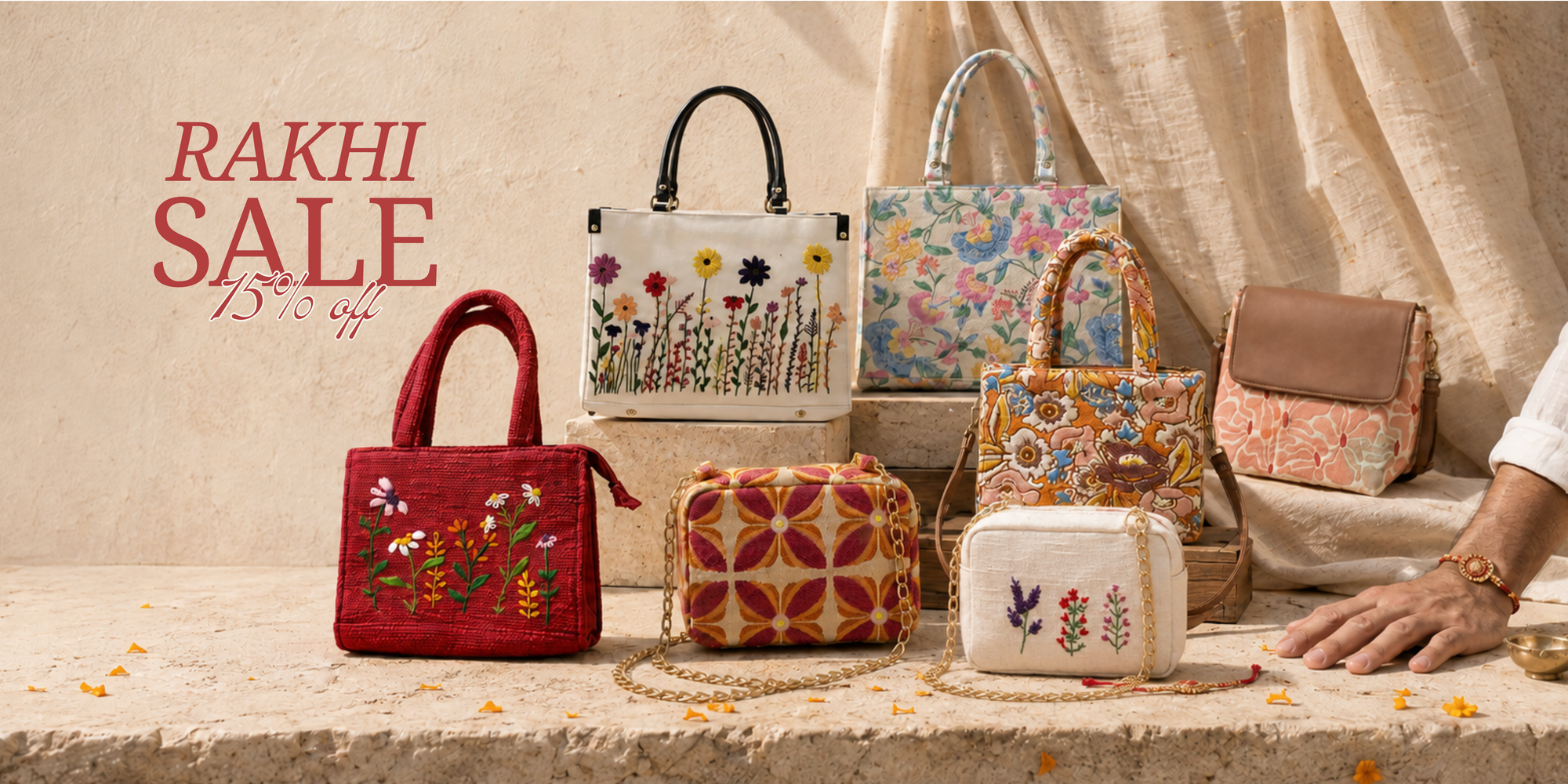 A promotional display of multiple embroidered and patterned handbags arranged on a stone surface against a draped beige fabric backdrop. Large text on the left reads 'RAKHI SALE 15% off.
