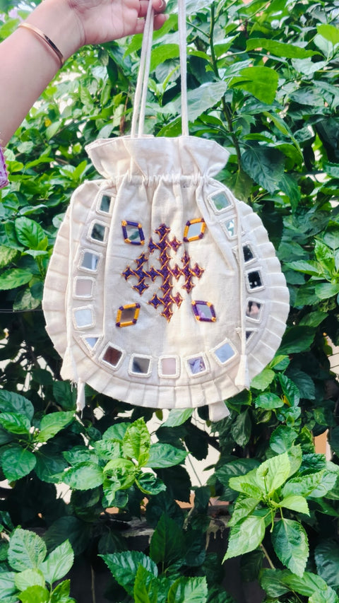 Ivory Mirror Batwa with purple Kutch embroidery