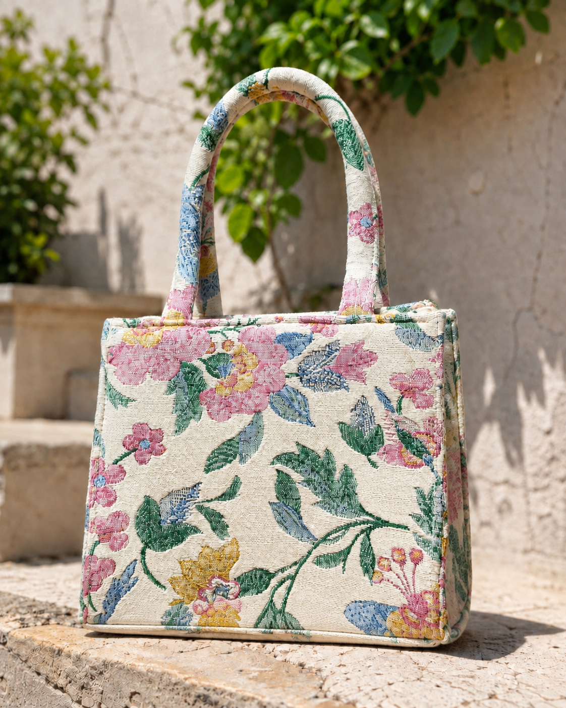 Ivory jacquard cotton mini tote bag with pink, blue and yellow floral weave and padded top handle, photographed on stone in sunlight 1