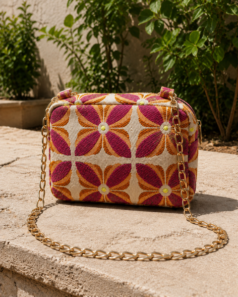 Magenta and marigold geometric floral jacquard box sling bag with gold chain strap, resting on stone in sunlight