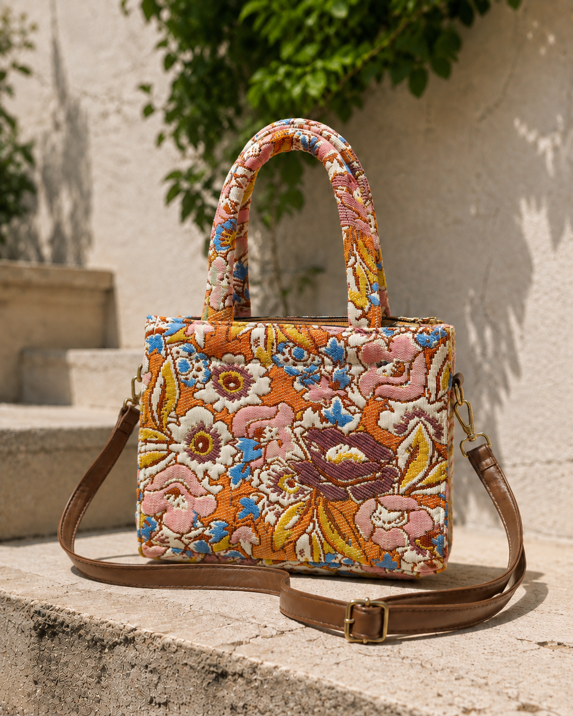 Amber orange floral jacquard mini tote bag with padded top handle and detachable tan leather crossbody strap with gold hardware 1
