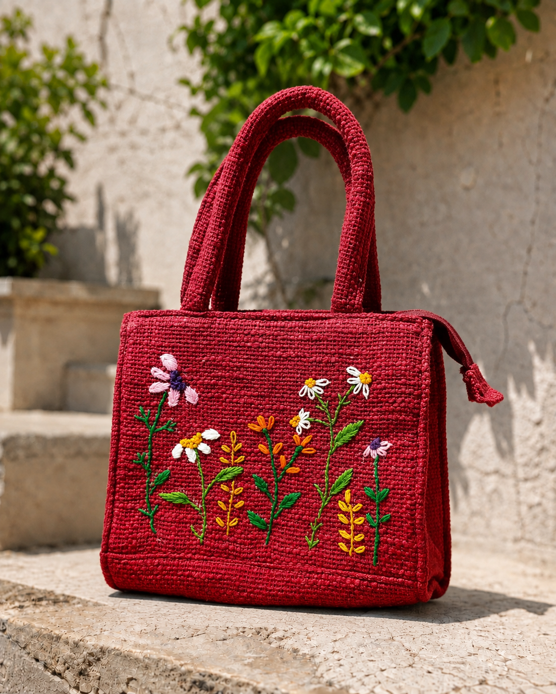 Red woven jute mini tote bag with hand-embroidered white daisies, yellow wildflowers and a butterfly, twin top handles 1