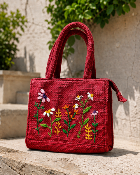 Red woven jute mini tote bag with hand-embroidered white daisies, yellow wildflowers and a butterfly, twin top handles