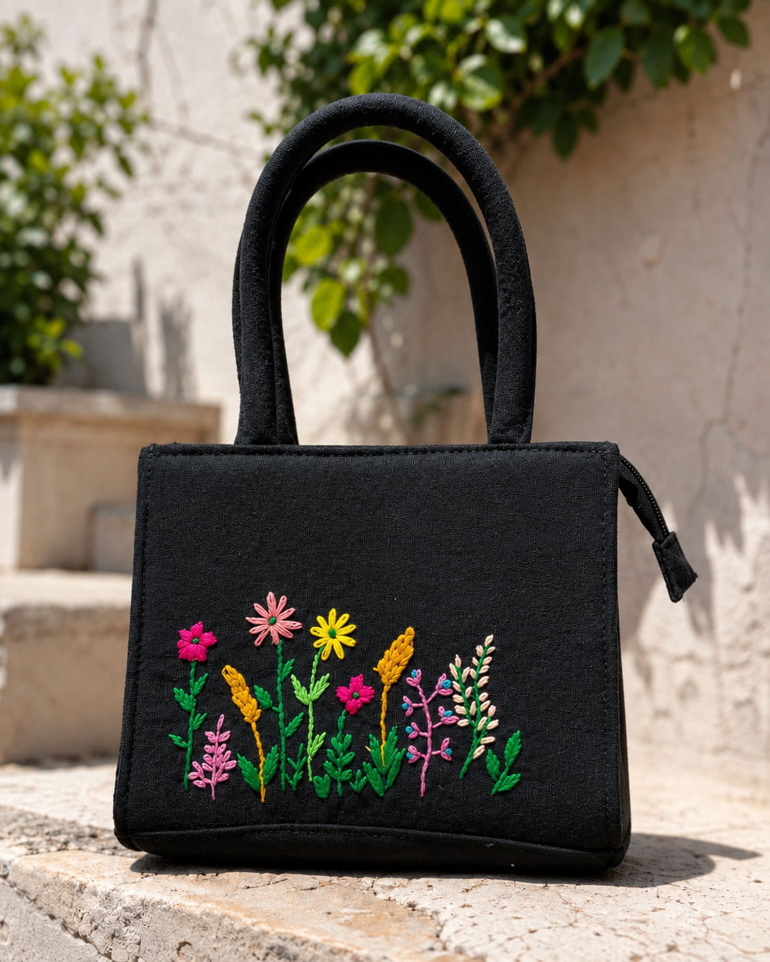 Black cotton mini tote bag with hand-embroidered pink and yellow wildflower meadow design and twin top handles 1
