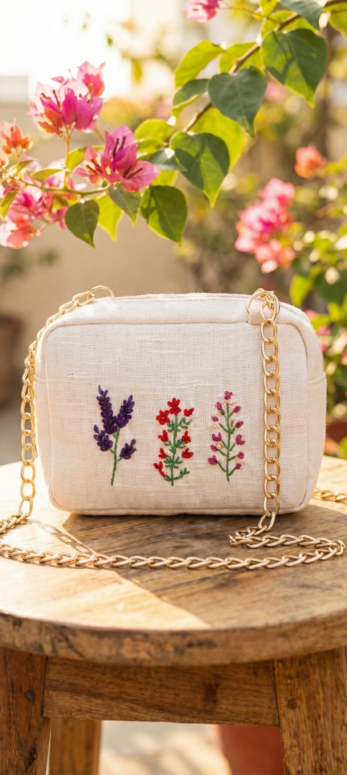 Floral Embroidered Sling Bag with Golden Chain 1