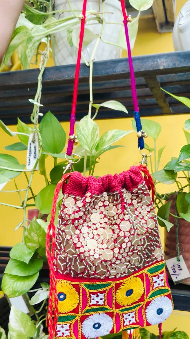 Kutch Sequence Potli with pink tassels 2
