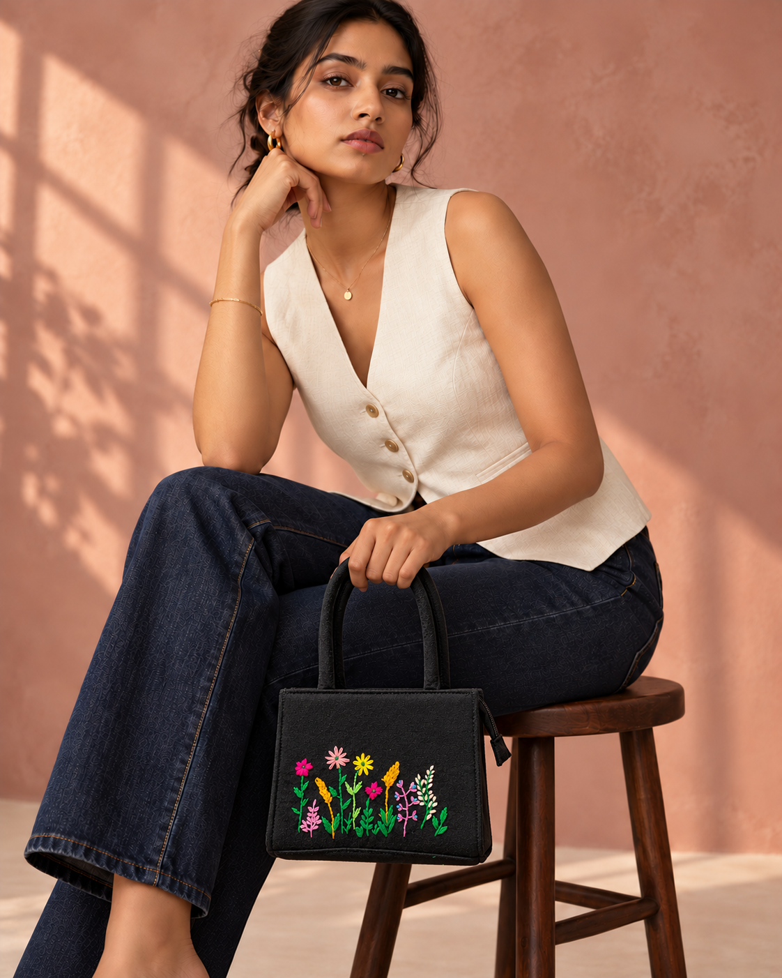 Midnight Meadow embroidered mini tote with a seated model, shows the 8 x 6.5 inch size 3