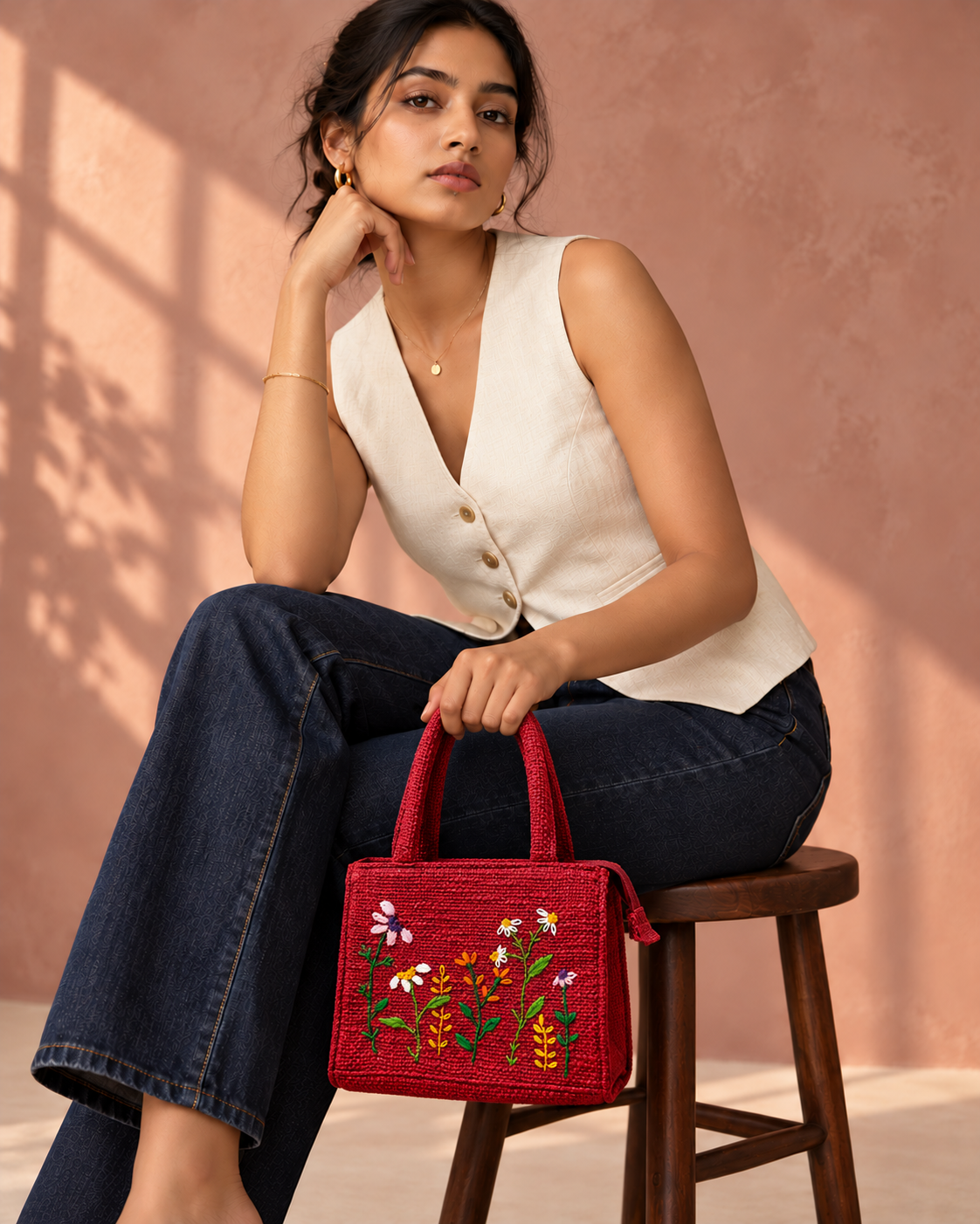 Scarlet red juco wildflower mini tote with a seated model, shows the 8 x 6.5 inch size 3
