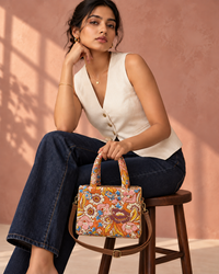 Amber Bloom jacquard mini tote with a seated model, shows the 8 x 6.5 inch size 3