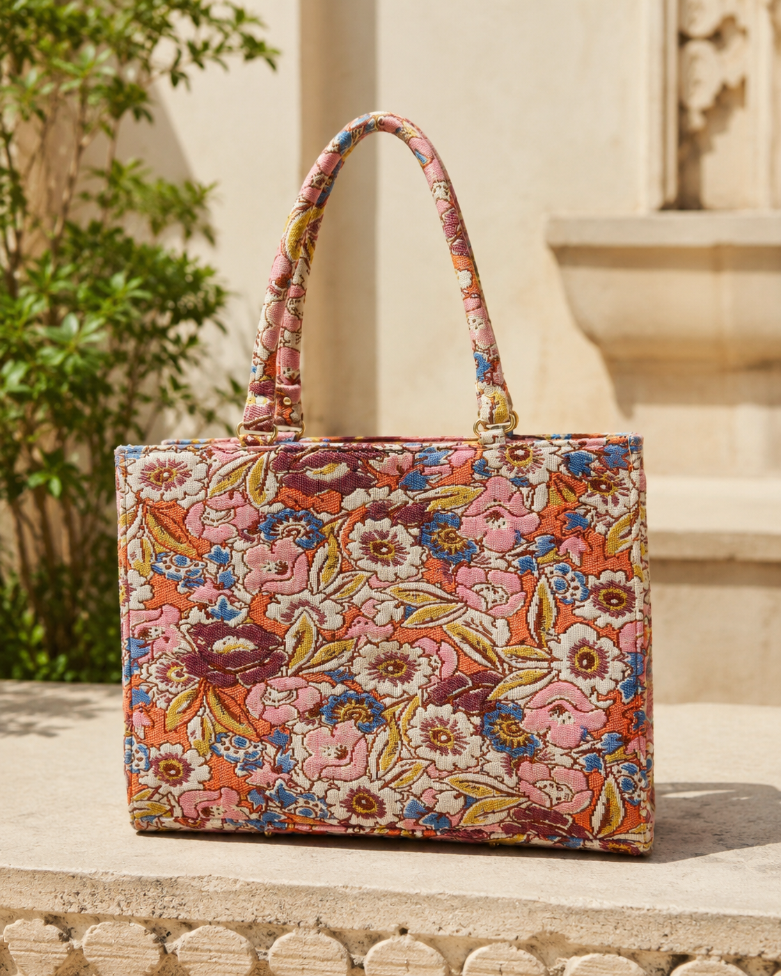 Blossom Trail jacquard office tote bag in pink, marigold and blue floral woven cotton with antique-gold hardware 1