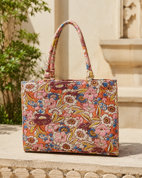 Blossom Trail jacquard office tote bag in pink, marigold and blue floral woven cotton with antique-gold hardware